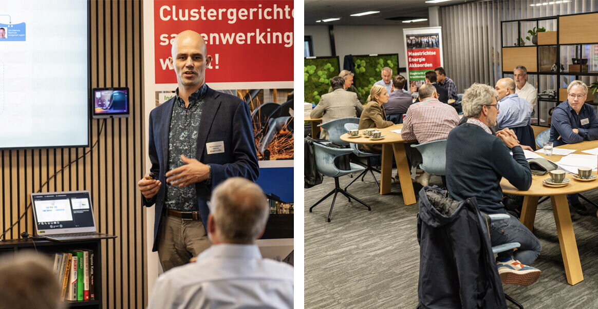 Collage MEA-kennissessie 10 oktober 2024 - links Raymond Huveneers van Volvo Cars exchange - rechts werkgroepen waarbij mensen aan tafels zitten terwijl ze met elkaar in gesprek zijn. Foto rechts zie je twaalf personen verdeeld over drie tafels. 