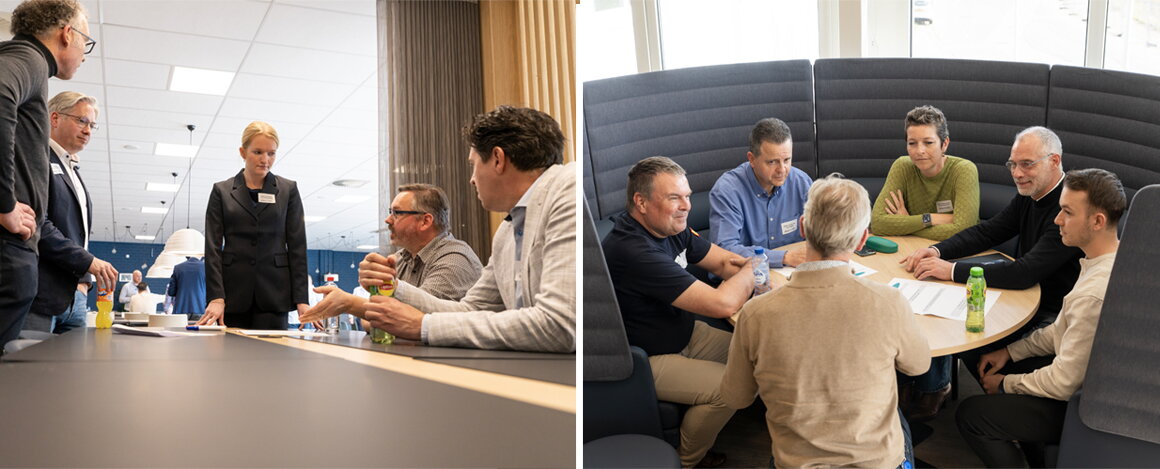 Collage met twee beelden uit de werksessies MEA - mensen aan tafel die met elkaar overleggen. Foto links zie je 4 mannen en een vrouw. Twee mannen zitten aan tafel en twee mannen en de vrouw staan. Foto rechts zie je vijf mannen die zitten en een vrouw. Iedereen is met elkaar in gesprek. 